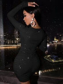 SOLERSUN Vestido ajustado de cuello profundo con abertura delantera - Negro - Ver 2