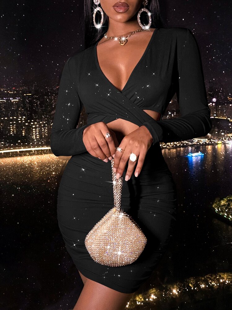 SOLERSUN Vestido ajustado de cuello profundo con abertura delantera - Negro - Añade 4