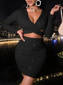 SOLERSUN Vestido ajustado de cuello profundo con abertura delantera - Negro - Ver 5