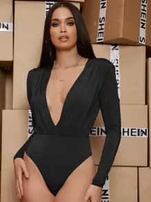 Silquee Plunging Ruched Solid Bodysuit - Black - View 3