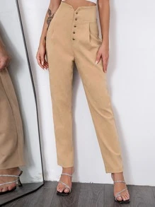 Double Crazy 缺口V領腰褶皺長褲 - 卡其色 - 查看 1
