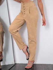 Double Crazy 缺口V領腰褶皺長褲 - 卡其色 - 查看 3