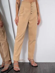 Double Crazy 缺口V領腰褶皺長褲 - 卡其色 - 查看 4