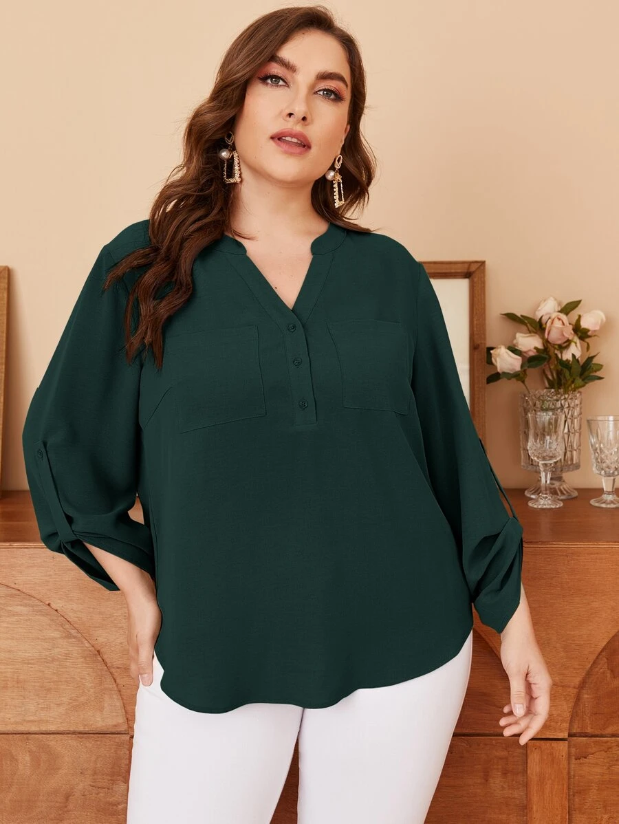 Mulvari Áo sơ mi Plus Size Nút Túi màu trơn Giải trí - Màu xanh lá cây đậm - Xem 1