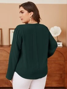 Mulvari Áo sơ mi Plus Size Nút Túi màu trơn Giải trí - Màu xanh lá cây đậm - Xem 2