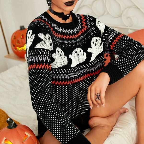 

Halloween Pattern Raglan Sleeve Sweater, Black
