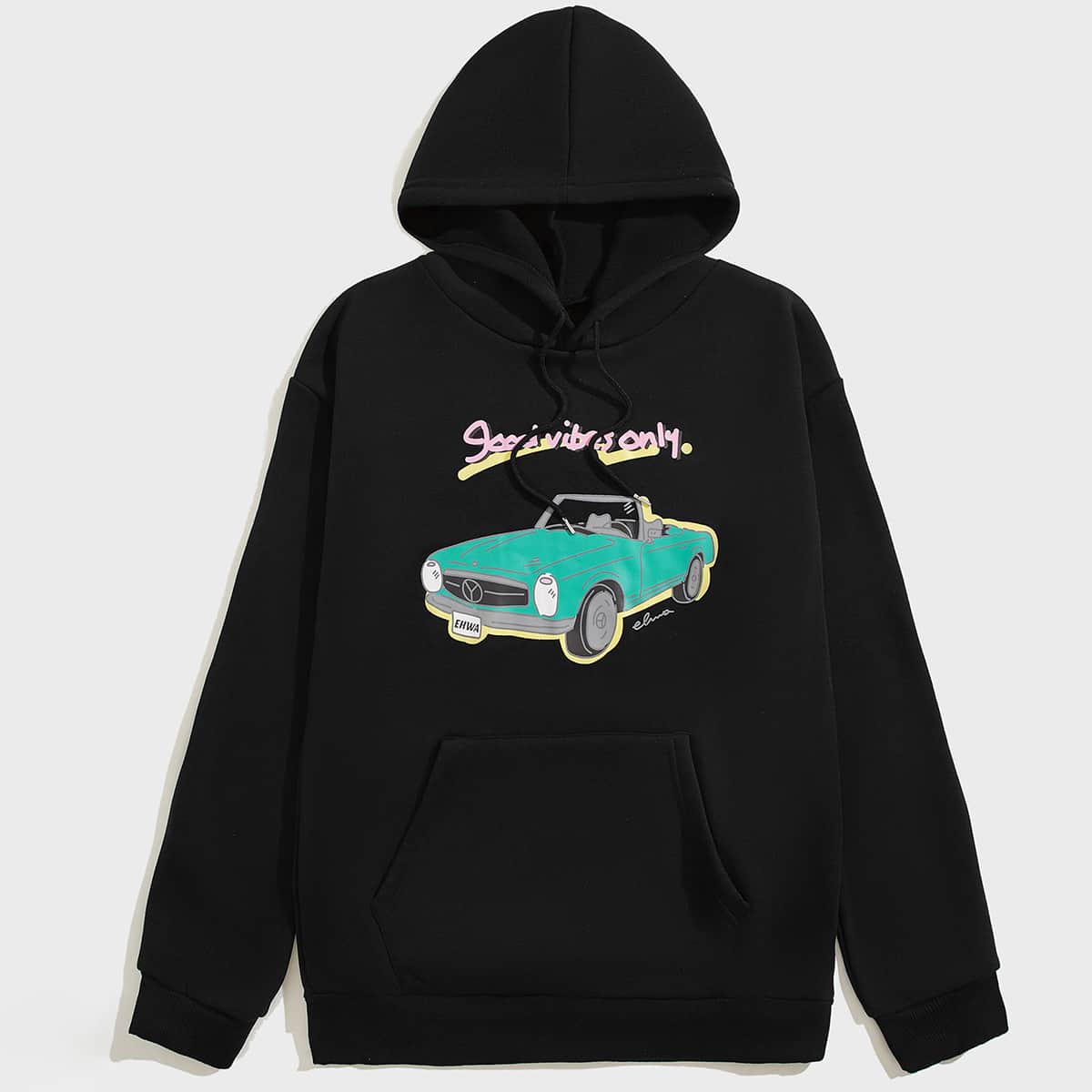 

Guys Letter Car Graphic Kangaroo Pocket Drawstring Hoodie, Black