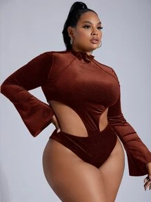 SHEIN SXY Plus Cutout Velvet Bodysuit - Rust Brown - View 3