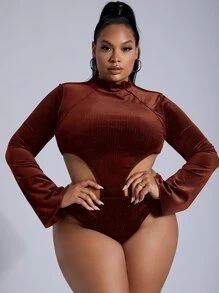 SHEIN SXY Plus Cutout Velvet Bodysuit - Rust Brown - View 4