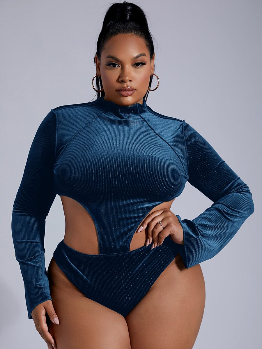 SHEIN SXY Plus Cutout Velvet Bodysuit - Dusty Blue - View 1