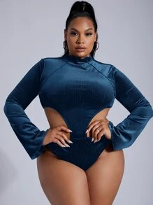 SHEIN SXY Plus Cutout Velvet Bodysuit - Dusty Blue - View 3