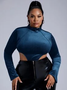 SHEIN SXY Plus Cutout Velvet Bodysuit - Dusty Blue - View 4