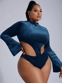SHEIN SXY Plus Cutout Velvet Bodysuit - Dusty Blue - View 5