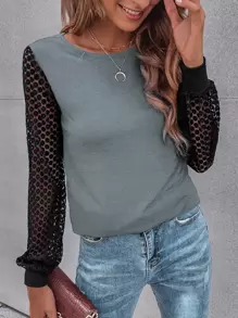 SHEIN LUNE Contrast Guipure Lace Bishop Sleeve Tee - Grey - View 1