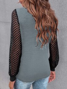 SHEIN LUNE Contrast Guipure Lace Bishop Sleeve Tee - Grey - View 2