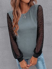 SHEIN LUNE Contrast Guipure Lace Bishop Sleeve Tee - Grey - View 4