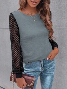 SHEIN LUNE Contrast Guipure Lace Bishop Sleeve Tee - Grey - View 5