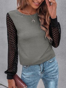 SHEIN LUNE Contrast Guipure Lace Bishop Sleeve Tee - Multicolor - View 1
