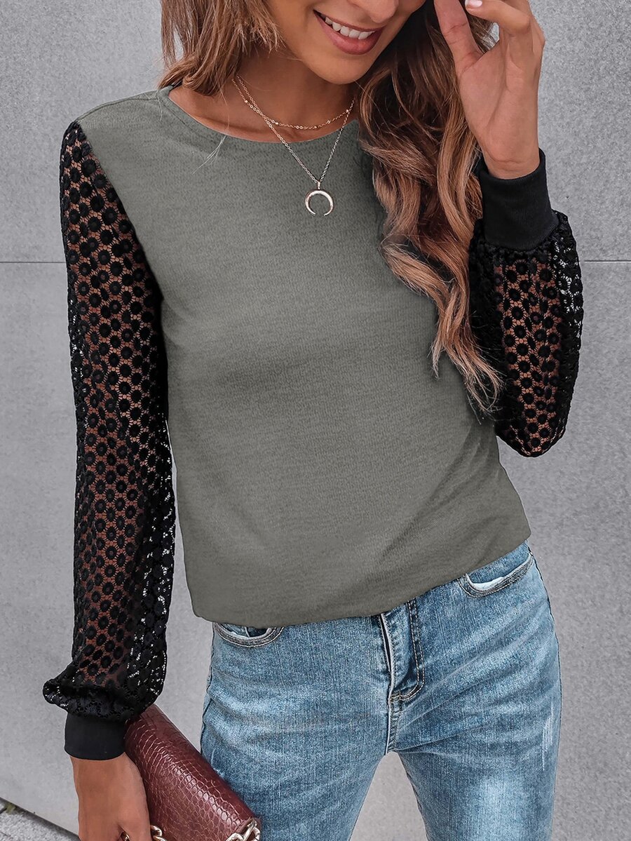SHEIN LUNE Contrast Guipure Lace Bishop Sleeve Tee - Multicolor - View 1