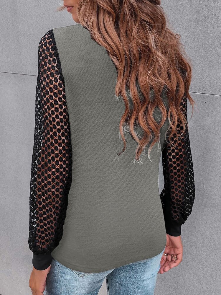 SHEIN LUNE Contrast Guipure Lace Bishop Sleeve Tee - Multicolor - View 2