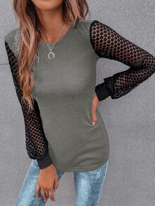 SHEIN LUNE Contrast Guipure Lace Bishop Sleeve Tee - Multicolor - View 3
