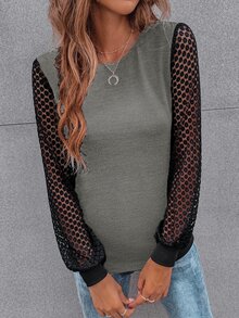 SHEIN LUNE Contrast Guipure Lace Bishop Sleeve Tee - Multicolor - View 4