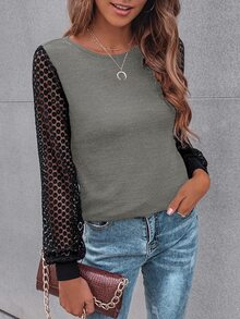 SHEIN LUNE Contrast Guipure Lace Bishop Sleeve Tee - Multicolor - View 5