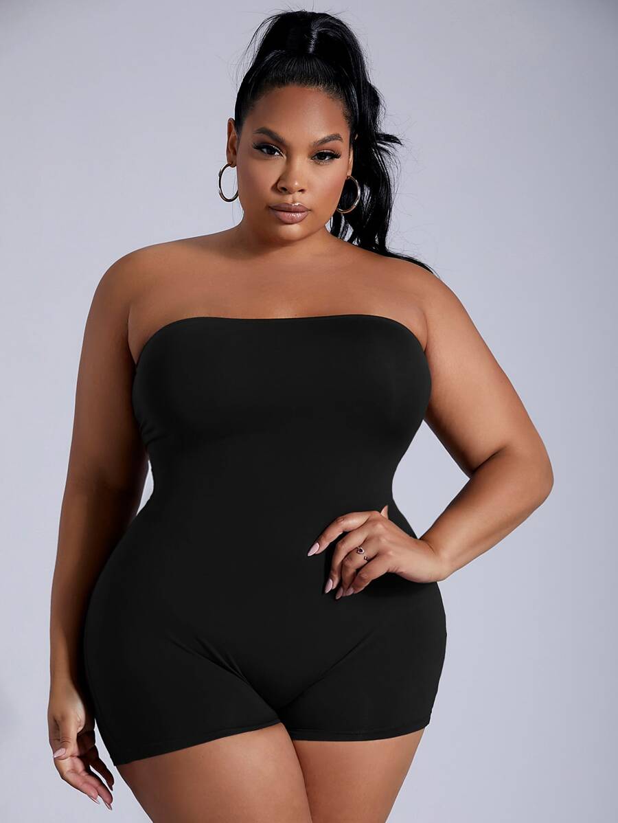 SHEIN SXY Plus Solid Unitard Tube Romper - Black - View 1