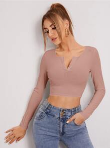 SHEIN EZwear Áo thun nữ Gân đan Nút phía trước màu trơn Giải trí - Bụi hồng - Xem 1