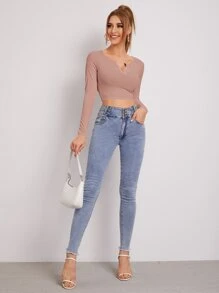 SHEIN EZwear Áo thun nữ Gân đan Nút phía trước màu trơn Giải trí - Bụi hồng - Xem 3
