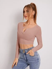 SHEIN EZwear Áo thun nữ Gân đan Nút phía trước màu trơn Giải trí - Bụi hồng - Xem 4