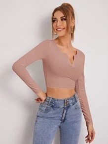 SHEIN EZwear Áo thun nữ Gân đan Nút phía trước màu trơn Giải trí - Bụi hồng - Xem 5