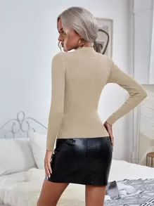 RueChic Mock Neck Ribbed Knit Solid Jumper - Camel - View 2