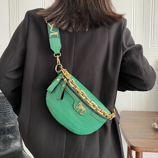 

Croc Embossed Chain Fanny Pack, Green