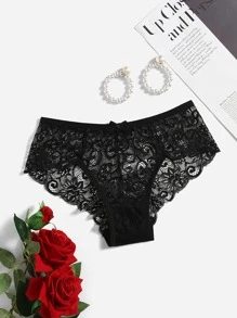 Women's Elegant Black Baroque Lace Sheer Briefs Medium Stretch Curvy Panties For Fantasy Lingerie Style - Black - View 6