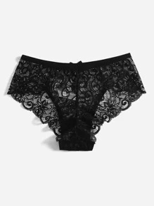Women's Elegant Black Baroque Lace Sheer Briefs Medium Stretch Curvy Panties For Fantasy Lingerie Style - Black - View 2
