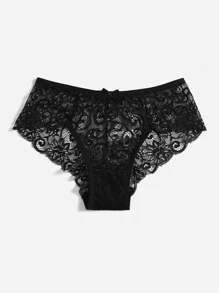 Women's Elegant Black Baroque Lace Sheer Briefs Medium Stretch Curvy Panties For Fantasy Lingerie Style - Black - View 3