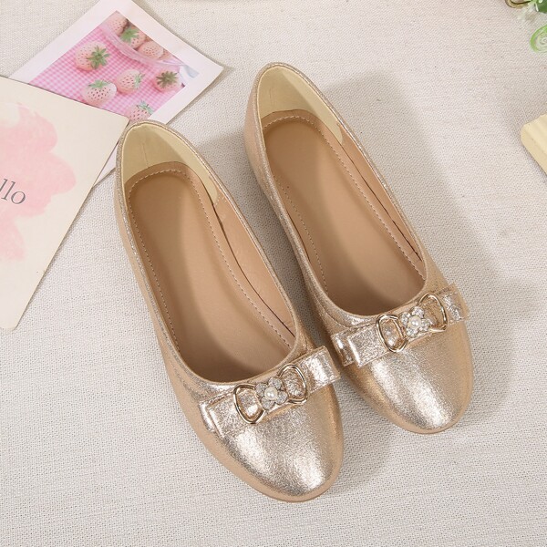

Girls Metallic Pattern Bow Decor Ballet Flats, Gold