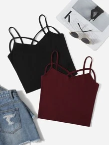 Muchica 2入組素色十字交叉吊帶上衣 - 彩色 - 查看 1