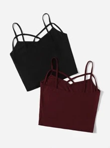 Muchica 2入組素色十字交叉吊帶上衣 - 彩色 - 查看 2