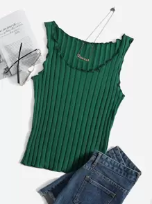 Muchica Áo hai dây Xù nhỏ Gân đan màu trơn Giải trí - Màu xanh lá cây đậm - Xem 1