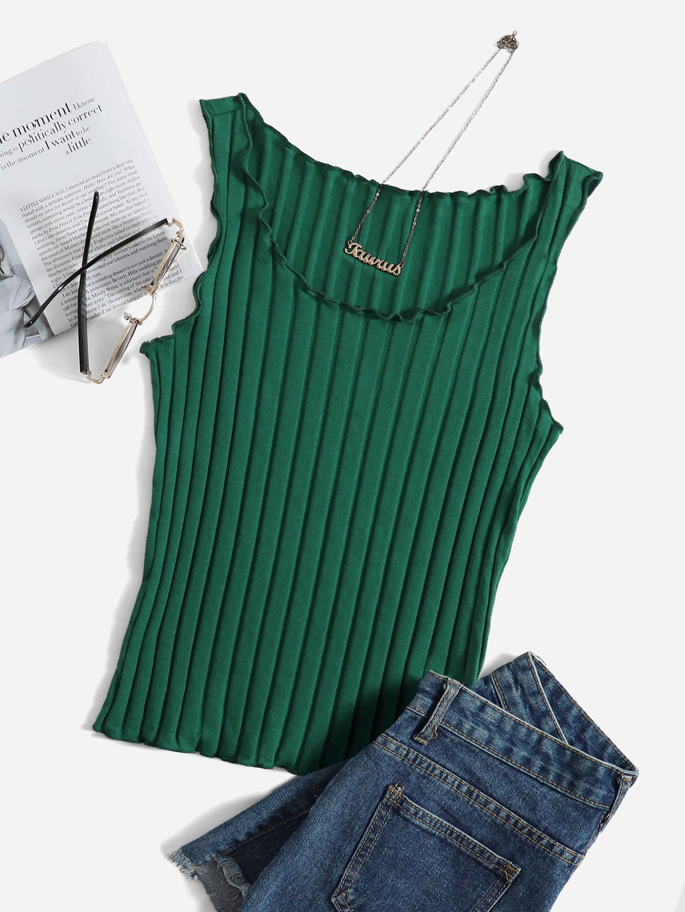 Muchica Áo hai dây Xù nhỏ Gân đan màu trơn Giải trí - Màu xanh lá cây đậm - Xem 1