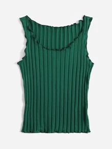 Muchica Áo hai dây Xù nhỏ Gân đan màu trơn Giải trí - Màu xanh lá cây đậm - Xem 3