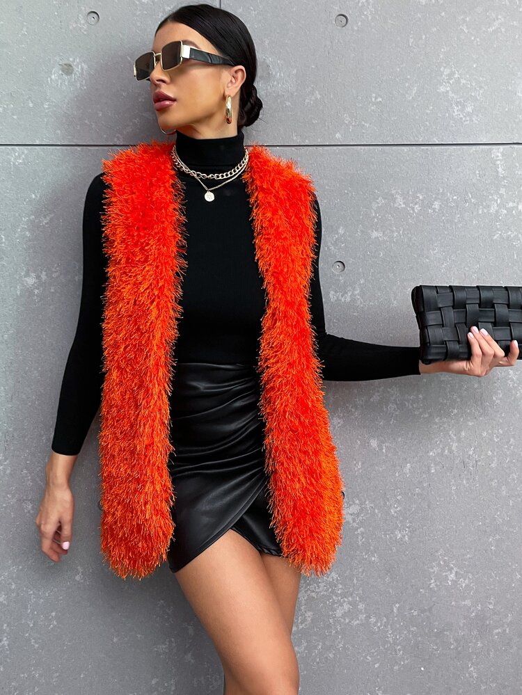 Simples Glamour Casacos de pele falsa femininos - Laranja - Visão 5