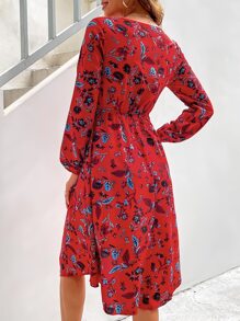 SHEIN LUNE Leaf Print Knot Front A-line Dress - Multicolor - View 2