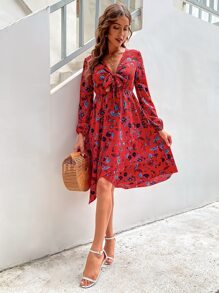 SHEIN LUNE Leaf Print Knot Front A-line Dress - Multicolor - View 3
