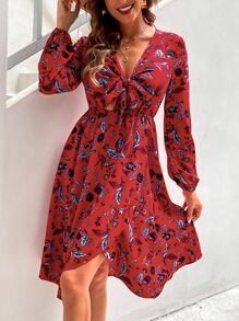 SHEIN LUNE Leaf Print Knot Front A-line Dress - Multicolor - View 4
