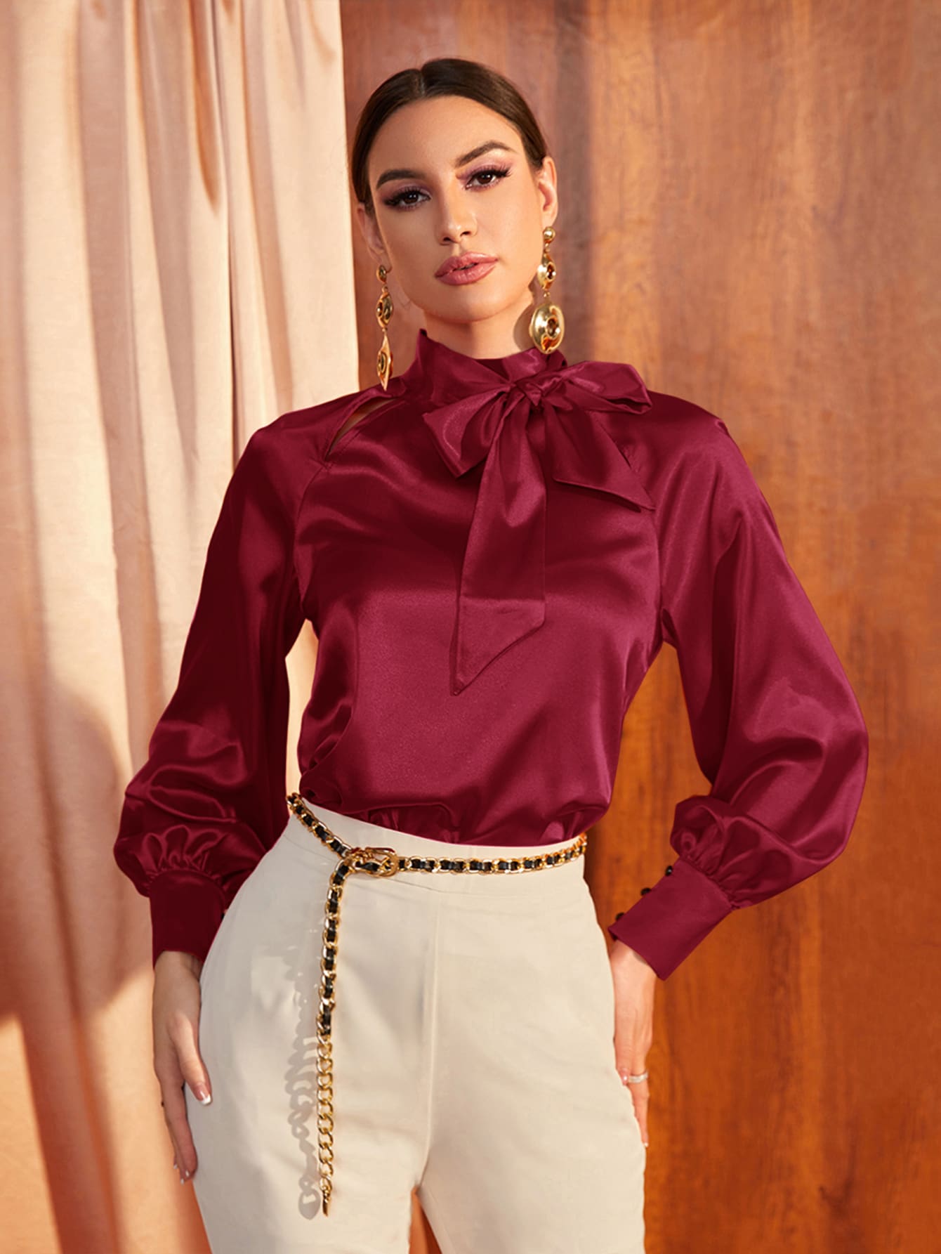 Mulvari Elegant Burgundy Red Tie Neck Lantern Sleeve Satin Blouse - Burgundy - View 1