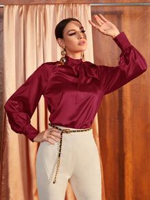 Mulvari Elegant Burgundy Red Tie Neck Lantern Sleeve Satin Blouse - Burgundy - View 3