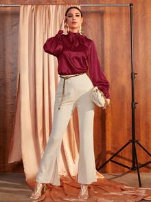 Mulvari Elegant Burgundy Red Tie Neck Lantern Sleeve Satin Blouse - Burgundy - View 4